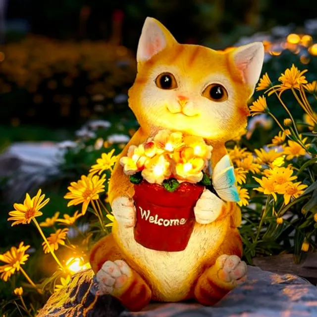 Namajunas Warmlicht katje met bloemen - Dag en nacht sensor - IP65 - Tuinbeelden voor buiten - Tuindecoratie - Tuinverlichting - Voor terras gazon achtertuin porch ornamenten, tuinornament - Solar Lampen Balkon - Cadeaus - Balkon Verlichting