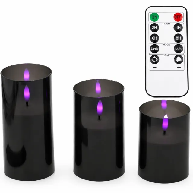 SWGOTA Led kaarsen met bewegende vlam set van 3 zwarte kaarsen met paars licht en kleine afstandsbediening met een knoopcelbatterij