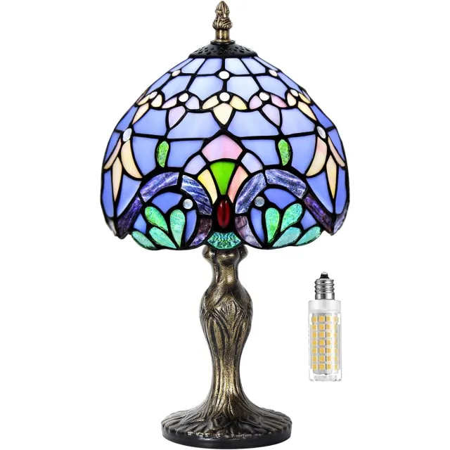 OEMG Vintage tafellamp van gebrandschilderd glas, Art Deco-stijl (barokblauw) | Slaapkamerlamp in gebrandschilderd glas-in-loodstijl, geschikt voor slaapkamer, nachtkastje, kantoor, studeerkamer. E27-lamp niet inbegrepen. Veelkleurig