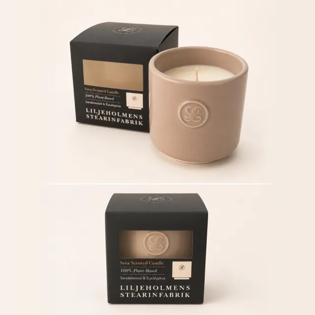 Boreali Candles Geurskaars 100% plantaardig (koolzaad) in Portugees keramiek met de prachtige geur van sandalwood & eucalyptus beige