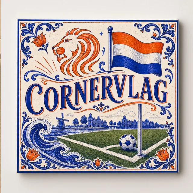 Bedruk King Nederland Cornervlag Decoratieve Keramische Tegel – Nederlandse Voetbal Fan Wandtegel – Oranje Blauw Holland Supporter Cadeau Wit