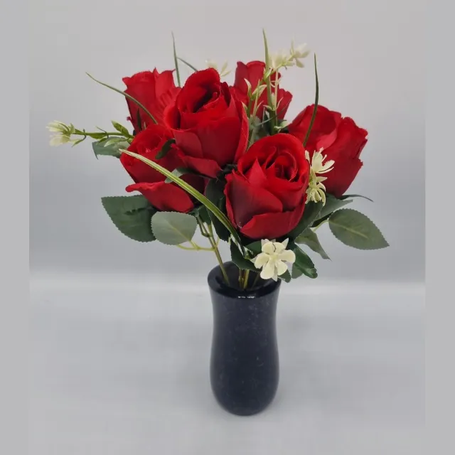 Bomm Boeket - Roos - U958-m1 - 34cm - Rood - 7 bloemen - Grafdecoratie - Zijdenbloemen - Kunstbloemen