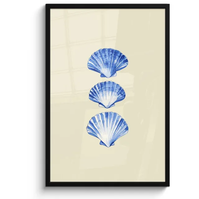 FrameYourWall Poster in lijst - Fotolijst 60x90 cm - Posters - Schelpen - Blauw - Beige - Posterlijst zwart - Decoratie - Wanddecoratie woonkamer - Muurdecoratie slaapkamer
