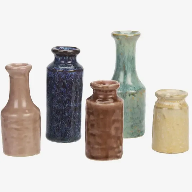 Madam Stoltz Set van 5 Keramieken Mini Vaasjes - Handgemaakt blauw