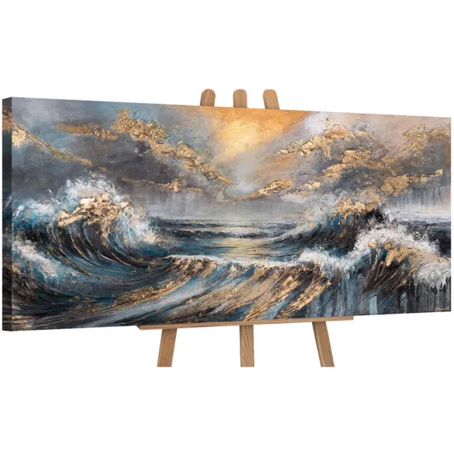 YS Canvas schilderij panoramisch 115x50 handgeschilderd schijnende golven zee maritiem – YS-Art Gallery – Stralende wanddecoratie voor woonkamer – Modern schilderij voor hal
