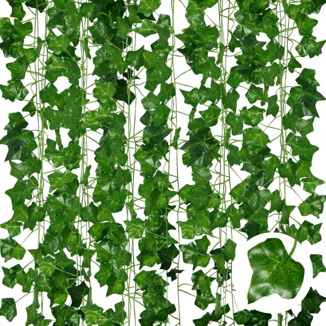 OEMG Kunstmatige klimop slingers - 12 stuks - Realistische nep hangende klimplanten voor binnen/buiten tuinkamer decoratie - Groene plastic nepplanten,2,2 m