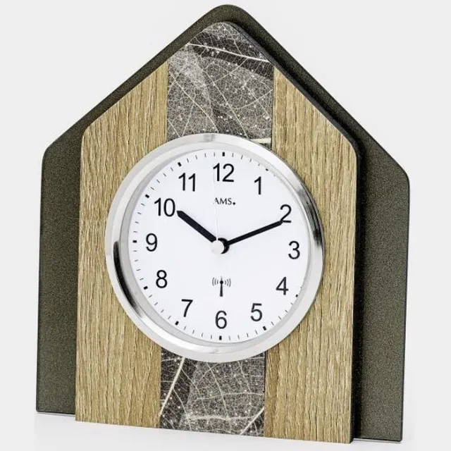 AMS Tafelklok van hout met een mat antraciet glas- eikenhouten motief, ingelegd met Swarovski stenen AMS 5170