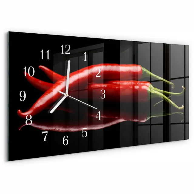 TULUP Wandklok - Chilipepers Klok Glas Met Opdruk - 60x30 cm - Zwart Moderne Wandklok Glas - Witte Handen - Rechthoekige Wandklok - Gekleurde Glazen Klok - Glazen Klok Met Print Zwart - Chilipepers