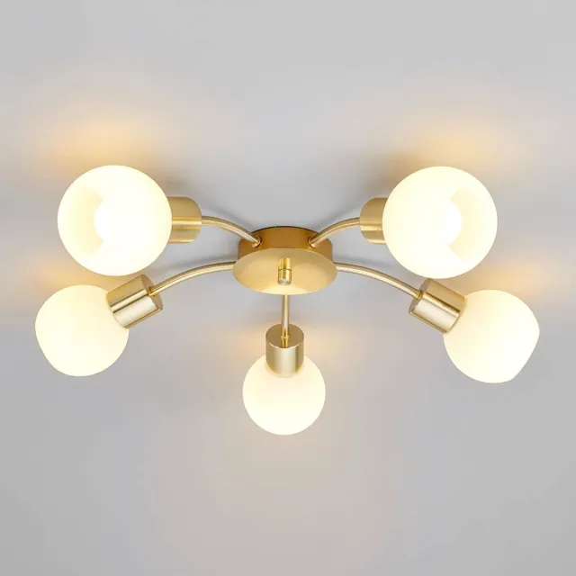 Lindby plafondlamp - 5lichts - Metaal, glas - H: 16 cm - E14 - messing, opaal wit