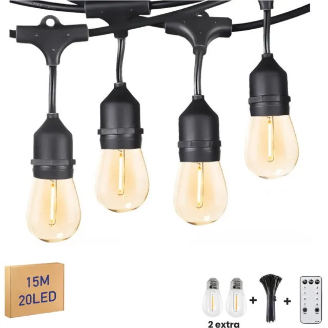 Kaëru Buiten lichtsnoer – Sfeerverlichting – LED Waterdicht String Light – 15 Meter – 20 Warm Witte Lampen + 2 Reserve – IP65 Waterdicht – Met Afstandsbediening – Tuinverlichting buiten lichtsnoeren – Feestverlichting