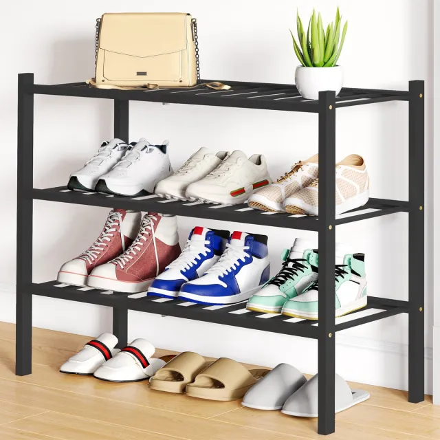 Homaxy Schoenenrek (3 niveaus) - Bamboe Schoenenrek - Houten Schoenenkast -Schoenenrek hout - 68x28x49.5cm - Zwart