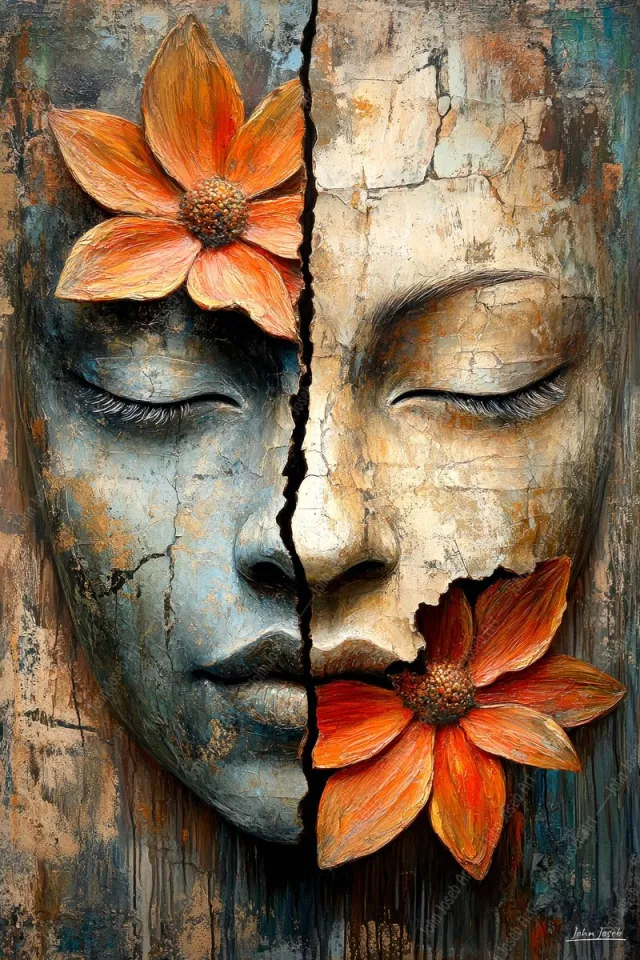 John Joseb Art (Canvas) 40x60 | Vrouw, gezicht met bloemen, gebroken, gecraqueleerd, abstract, grunge stijl, portret, kunst | mens, rood, goud, blauw, modern | Foto-Schilderij canvas print (wanddecoratie) Canvas, dikte 2 cm
