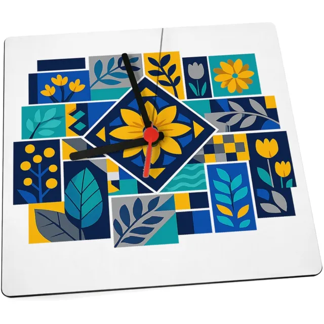 Mr Cadeautjes Klok 19 x 19 - design Een levendig mozaïek van botanische blokken met bladeren, bl | cadeau Wit