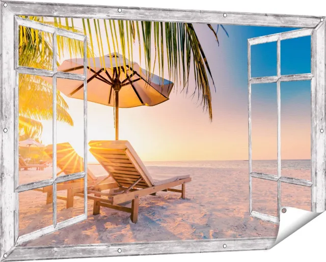 Gards Tuinposter Doorkijk Tropisch Strand tijdens Zonsondergang - 150x100 cm - Tuindoek - Tuindecoratie - Wanddecoratie buiten - Tuinschilderij Grijs