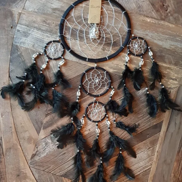 Smith Premium Dromenvanger Ganesha Dream - 22cm - Handgemaakt op Bali - Met Kauri schelpen - Zwart en Zilver - Veren - Dreamcatcher - Smith Premium®