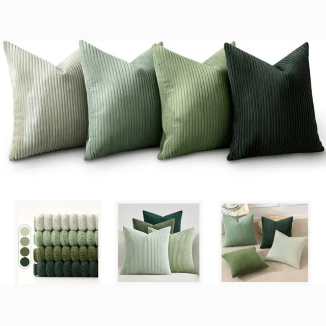 VHV Sierkussenhoezen - Kussenhoesjes - Gestreepte kussenhoes - Kussenhoezen set van 4 - Sierkussenhoes 45x45 cm - Ribfluweel - Corduroy - Voor bank en woonkamer - Herfst decoratie - Groene combinatie