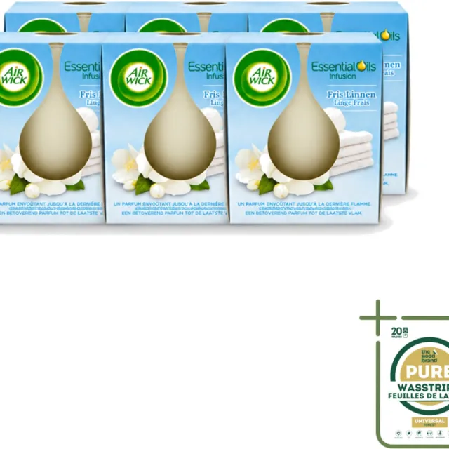 Air Wick 6 x Air Wick – Geurkaars – Fris Linnen met Essentiële Oliën – 105 g - Wasstrips - Geurkaars - Fris Linnen - Essentiële Oliën - Sfeer In Huis - Warme Sfeer Wit