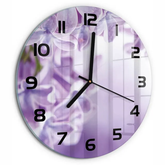 TULUP Wandklok - Paarse bloemen Moderne Wandklok Glas - fi30 cm - Paars Wandklok Glas Decoratie - Zwarte handen - Ronde Klok - Glazen Wandklok Design - Klok Glas Met Opdruk