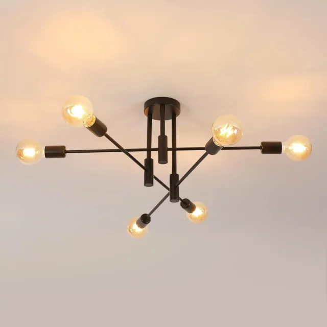 Haobosic Industriële Plafondlamp Sputnik Vintage van Metaal met 6 Lichtpunten en E27 Basis - Retro Hanglamp voor Woonkamer, Slaapkamer, Keuken, Eetkamer, Bar, Café Black