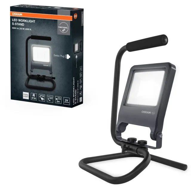 Osram LED werklamp S Stand, 50W, 4000K koel wit, 4500 lm, Zwitserse stekker, IP65, draaibare kop Donkergrijs