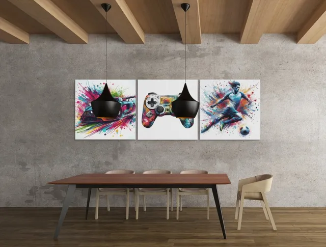 Trendex Global Drieluik Canvas Schilderij Gamer Art – Auto, Voetbal en Controller - 3x60x60 cm Kleurrijk