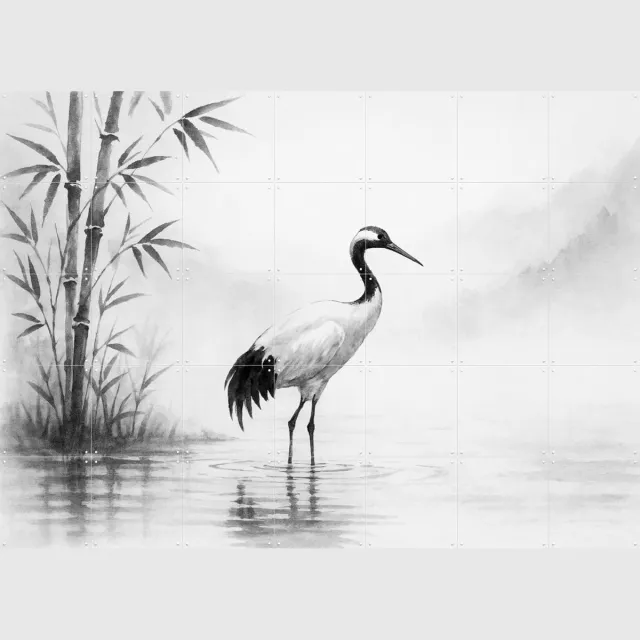 IXXI Kraanvogel in de Ochtendmist, Natalie Bruns - 140 x 100 cm - Grote wanddecoratie en posters - Tekeningen, Minimalisme, Slaapkamer, Studeerkamer Monochroom / Zwart en wit