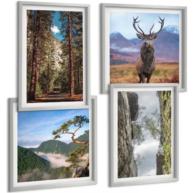 Coloray 4-Delige Schilderij Set - Weg Door Het Bos, Bergen En Herten In De Natuur. - 40 x 40 cm En 40 x 60 cm - Stijlvolle Wanddecoratie - Interieur - Stijlvolle Muurdecoratie Zilveren lijst