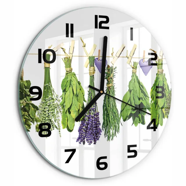 TULUP Wandklok - Kruiden aan een touwtje Gekleurde Glazen Klok - fi30 cm - Groente Glazen Klok Met Print - Zwarte handen - Ronde Klok - Moderne Wandklok Glas - Wandklok Glas Decoratie