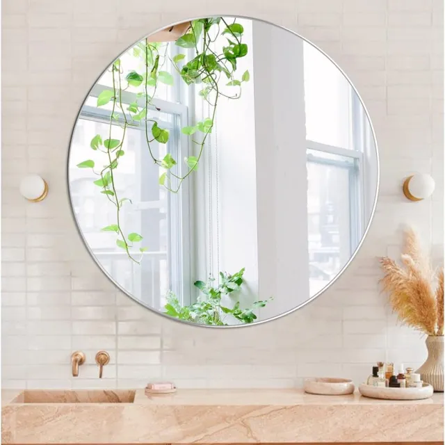 Hoomall Ronde spiegel, ronde spiegel, 40 cm, ronde wandspiegel, rond, decoratieve wandspiegel, ronde wandspiegel, badkamerspiegel, HD-wandspiegel van glas, decoratieve spiegel voor badkamer en zilver
