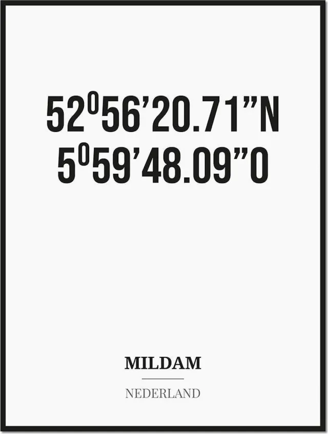 Studio216 Poster/kaart MILDAM met coördinaten zwart, wit