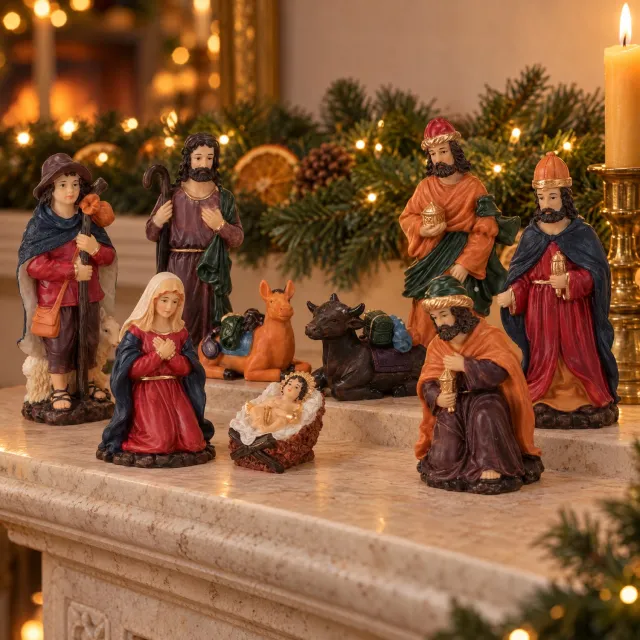 Lomera Kerststal Figuren Set van 9 - 15 cm - Kerstgroep - Kerstbeeldjes - Kerststal Beelden - Maria Jozef en Kindje Jezus - Kerstkribbe Figuren - Kersttafereel - Religieuze Beeldjes - Kerstdecoratie