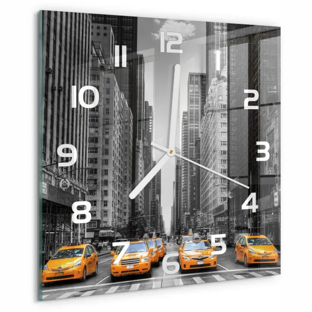 TULUP Wandklok - New Yorkse taxi's Glazen Klok Met Print - 30x30 cm - Geel Wandklok Glas Met Motief - Witte handen - Vierkante Klok - Wandklok Glas Decoratie - Gekleurde Glazen Klok