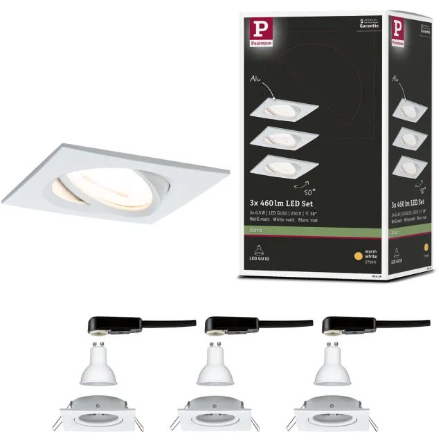 Paulmann LED-inbouwlamp Nova schwenkbar Basisset zwenkbaar hoekig 84x84 mm 50° GU10 3x6,5W 3x460lm 230V 2700K Wit mat