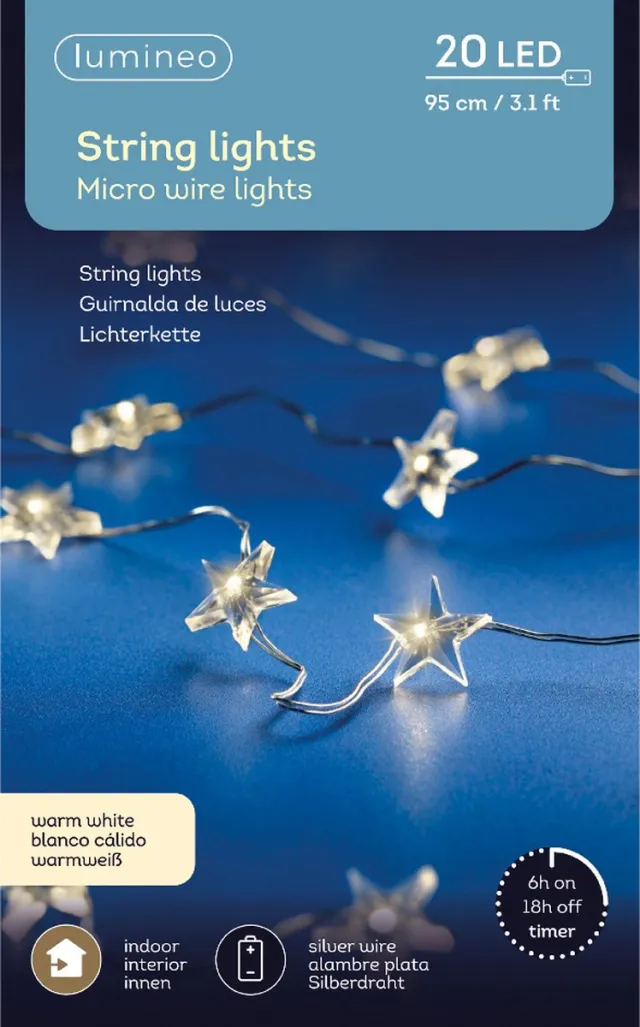 Lumineo Micro LED string met sterren - 95 cm - 20 LEDs - zilverkleurig