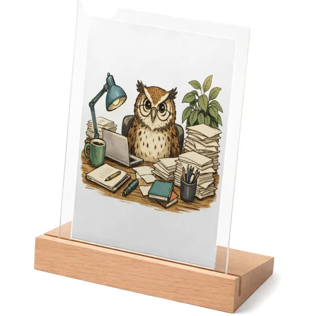 Mr Cadeautjes Glasframe met vaste tekst - design Een bosuil die op een chaotisch bureau een stapel dossiers o | cadeau Wit