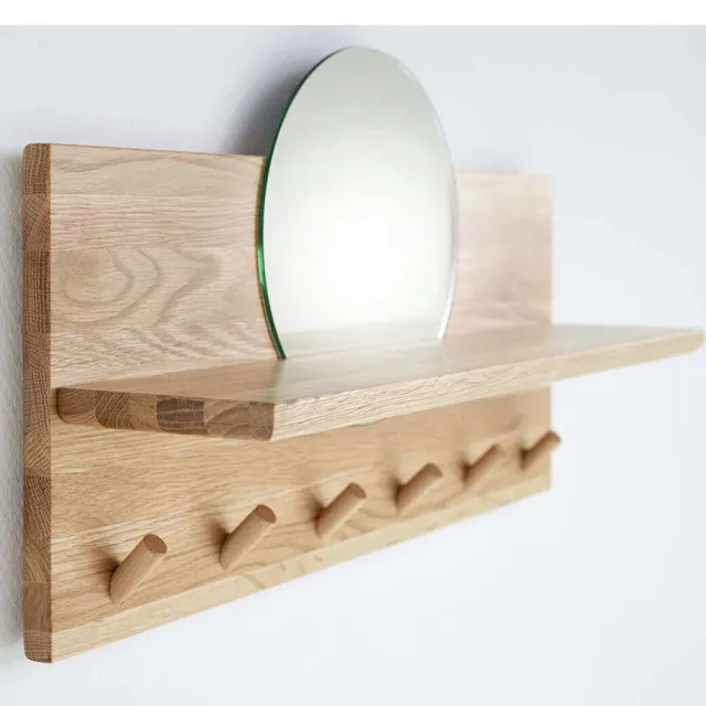 Furnidirect Wandkapstok Iris - Massief Eiken Kapstok - 6 Haken - Inclusief Ronde Spiegel - Mat Afgelakt - Scandinavisch Design - Hoogwaardige Afwerking Bruin