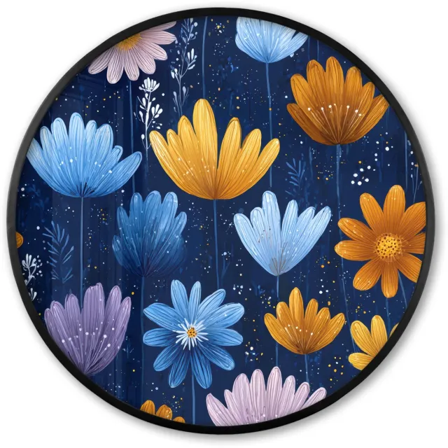 FrameYourWall Poster in lijst Rond - Fotolijst 80x80 cm - Posters - Bloemen - Patroon - Blauw - Contrast - Ronde posterlijst zwart - Decoratie - Wanddecoratie woonkamer - Muurdecoratie slaapkamer Bloemen - Patroon - Contrast