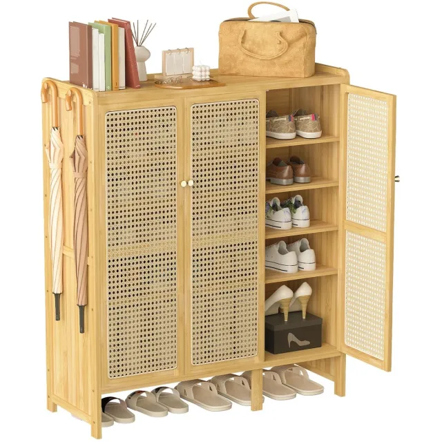 MOLHAUS Schoenenkast met 5 Lades – Schoenenrek 6 Niveaus – Bamboe – 90,5 x 35 x 107 cm – Wit/Naturel - Koloniale stijl