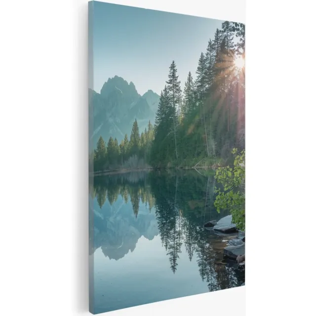 Saammp Canvas Schilderij - Bergen - Zon - Meer - botanisch - Landschap - Natuur - 100x150 - Foto op canvas - Wanddecoratie - Muurdecoratie Woonkamer - Slaapkamer decoratie - Canvas Print multicolor
