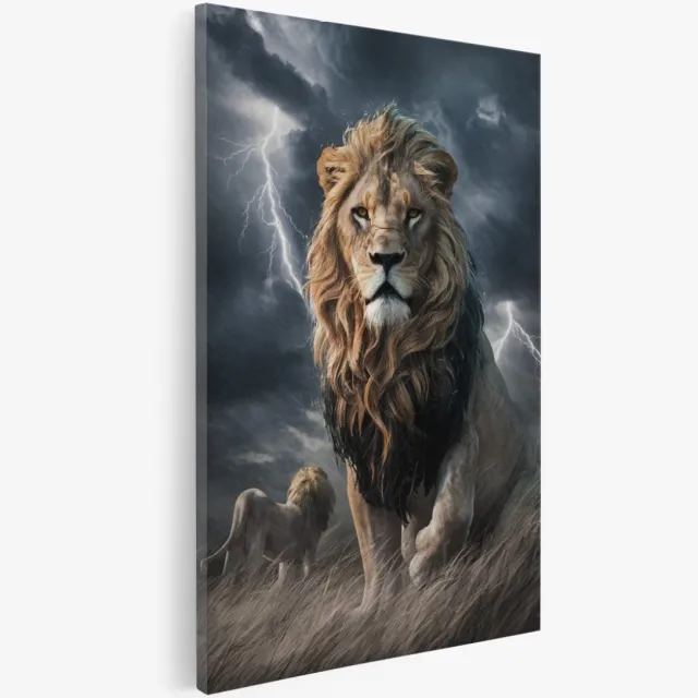 Saammp Canvas Schilderij - Abstracte Leeuw in de bliksem- Natuur - Dieren - 80x120 - Foto op canvas - Wanddecoratie - Muurdecoratie Woonkamer - Slaapkamer decoratie - Canvas Print Multicolor