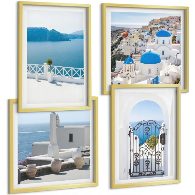 TULUP 4-Delige Schilderij Set - Zeezicht met witte gebouwen in Griekenland - 40 x 40 cm en 40 x 60 cm - Decoratieve Schilderijen - Wanddecoratie - Hal - Woonkamer Decoratie Gouden lijst