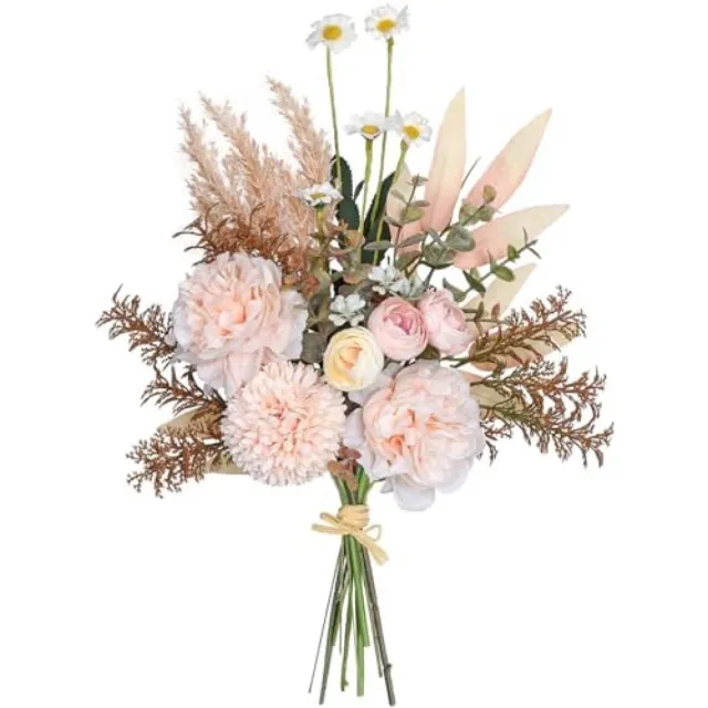 PromoHome Kunstmatig Bloemenboeket - Realistische Dahlia's en Groene Bloemen Decoratie - Kunstbloemen Stuk voor Tafeldecoratie, Bruiloft en Woondecoratie - 38 cm Hoog - Champagne Kleur Hortensia-Champagne