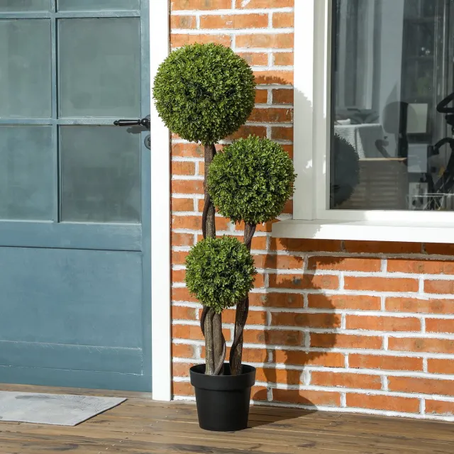MODFU Kunstplant Buxus Met Drie Bollen - Voor Binnen & Buiten - Kunststof - Groen - 115 Cm