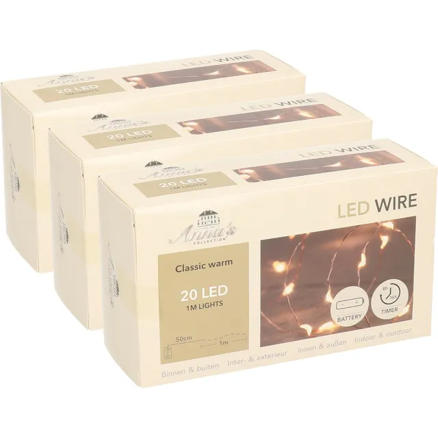 Anna's Collection Draadverlichting lichtsnoer - 3x - koper - 20 led lampjes - 100 cm - kerstverlichting