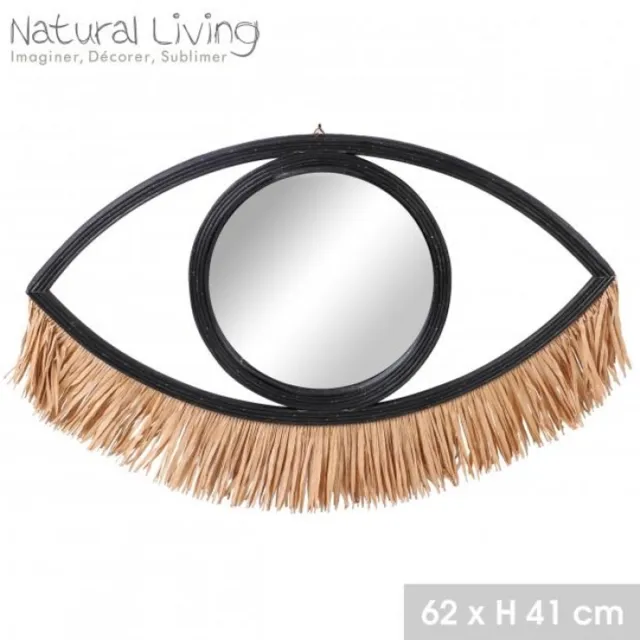 Natural Living "NATURAL LIVING" Spiegel ILANA van zwart rotan met raffia franjes 62 x H41 cm