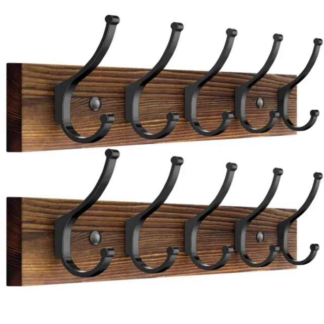 Mrilary 2 Stuks Houten Wandkapstok met 5 Metalen Haakjes - Wandgemonteerde Kapstok - Kledinghaak voor Muur, Hoedenrek, Tassenhaak, Sleutelhouder - Handdoekhouder voor Hal, Badkamer, Woonkamer en Slaapkamer hout:2 stuks