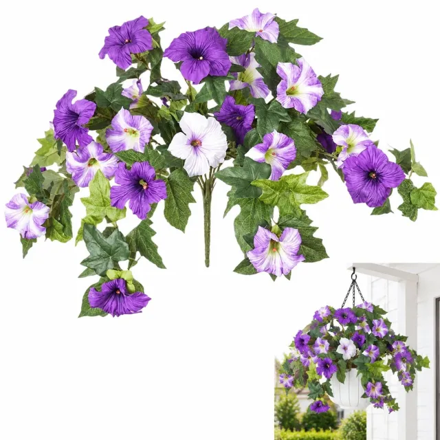 VHV Kunstbloemen - Hangende petunia met 12 stelen in paars en wit - Onderhoudsvrije bloemdecoratie voor balkon, veranda en tuin