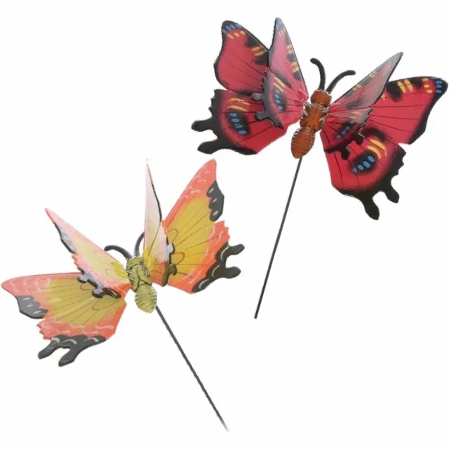 Decoris tuin Vlinders - 2x - metaal 17 x 60 cm - rood/geel - tuinstekers Multi
