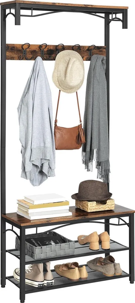 Rich Interiors® Industrieel Vintage Kapstok 5 Haaks XXL - Garderobe Rek - Hout MDF / Metaal Bruin