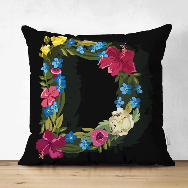 De Groen Home Bedrukt Kussenhoes Letter D - Kussensloop - Sierkussenhoes - Velvet - Bloemen op zwart - 45x45 cm - Fluweel - Valentijn Cadeau